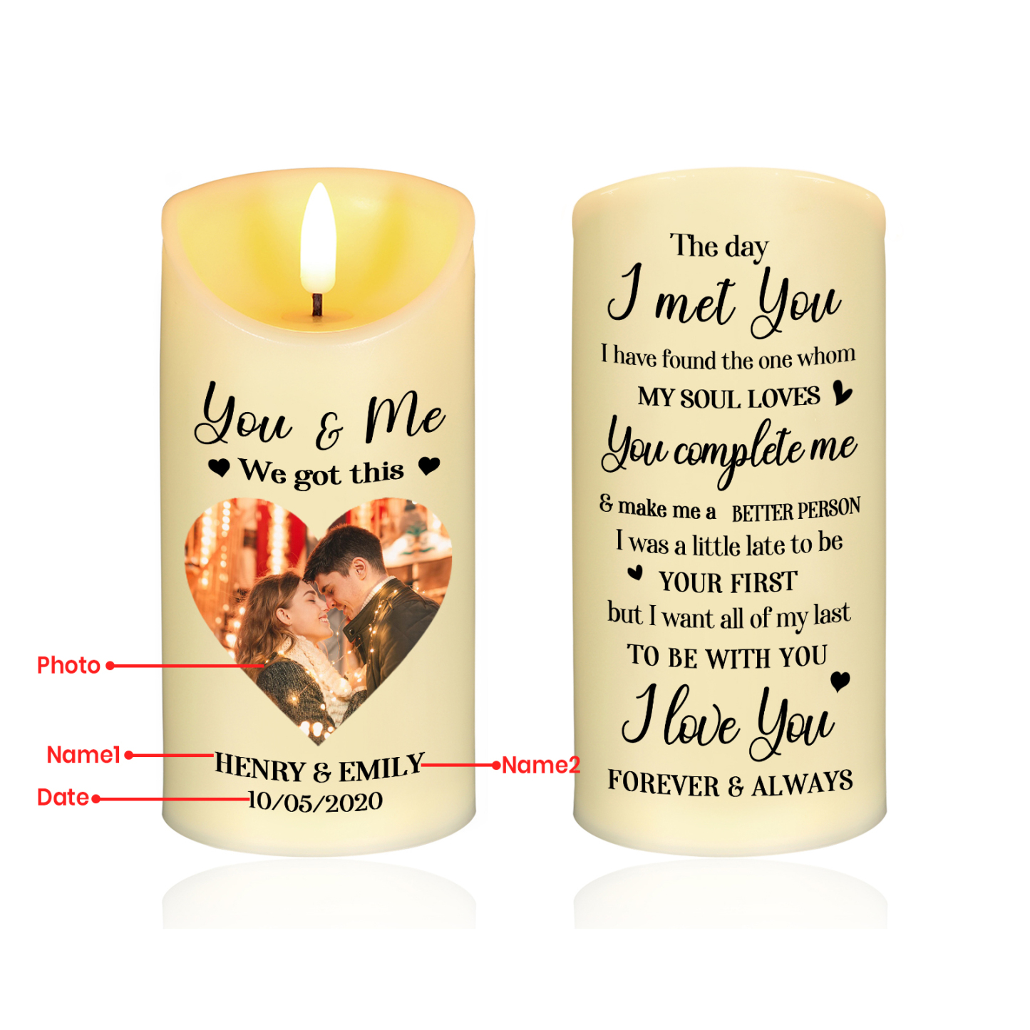 "You & Me We Got This - Personalised LED Candle with Custom Photo, 2 Names & Date Christmas Gift for Him/Her | Jessemade