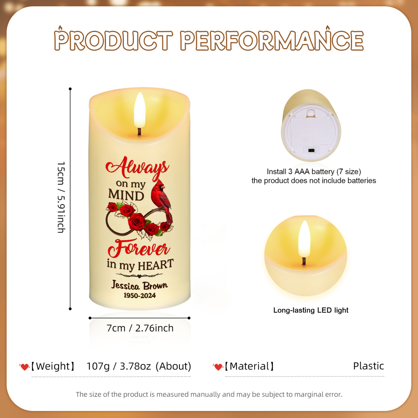 "Always on my mind" Personalised Memorial LED Candle-Custom Name & Dates Memorial Gift | Jessemade