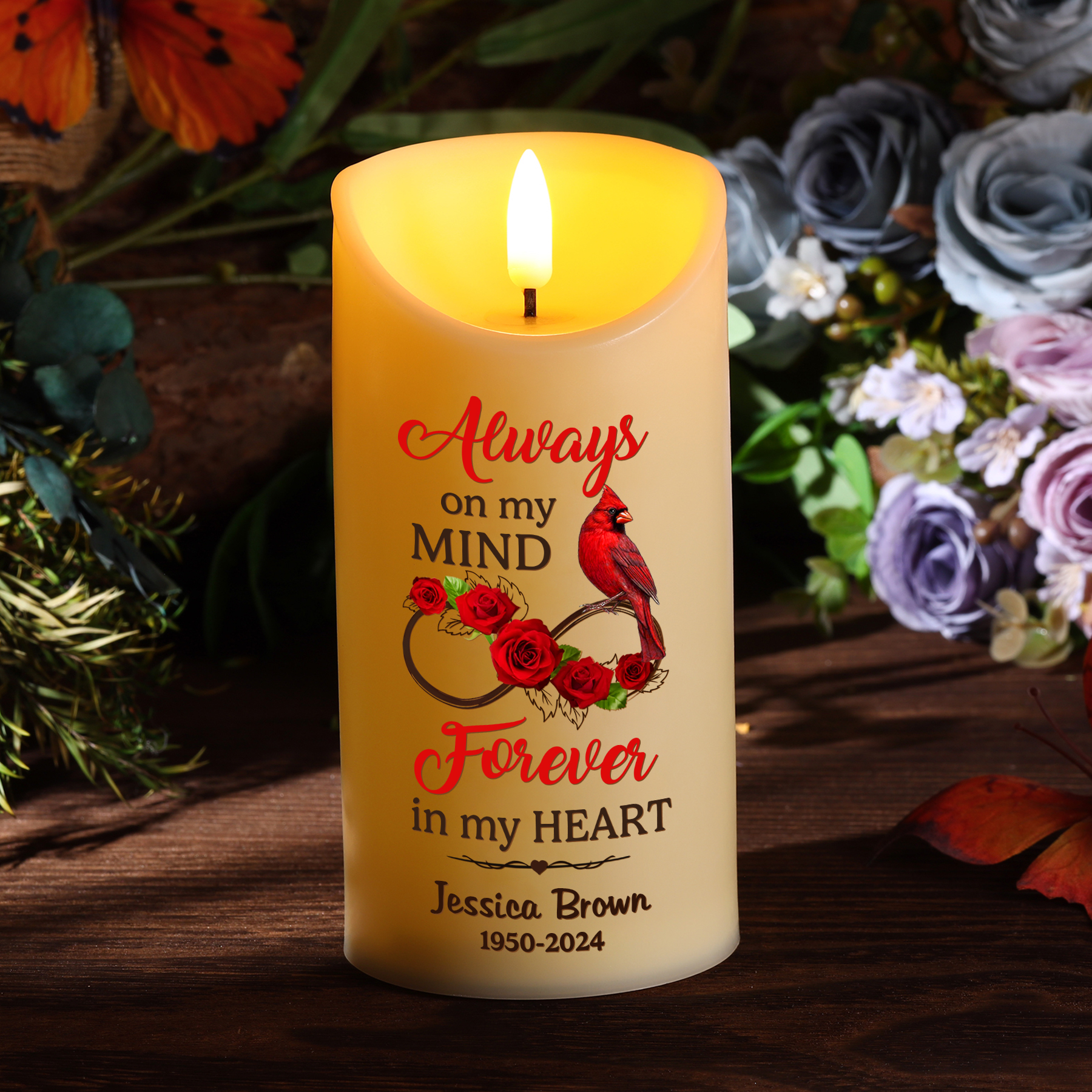 "Always on my mind" Personalised Memorial LED Candle-Custom Name & Dates Memorial Gift | Jessemade