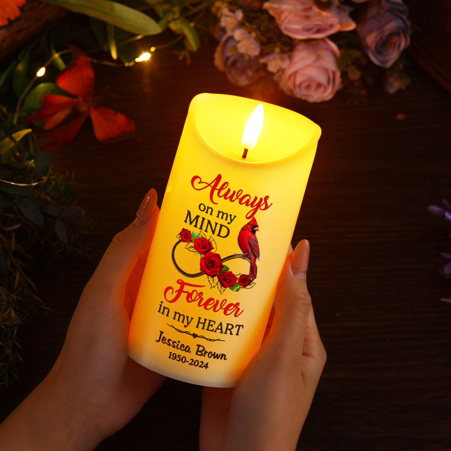 "Always on my mind" Personalised Memorial LED Candle-Custom Name & Dates Memorial Gift | Jessemade