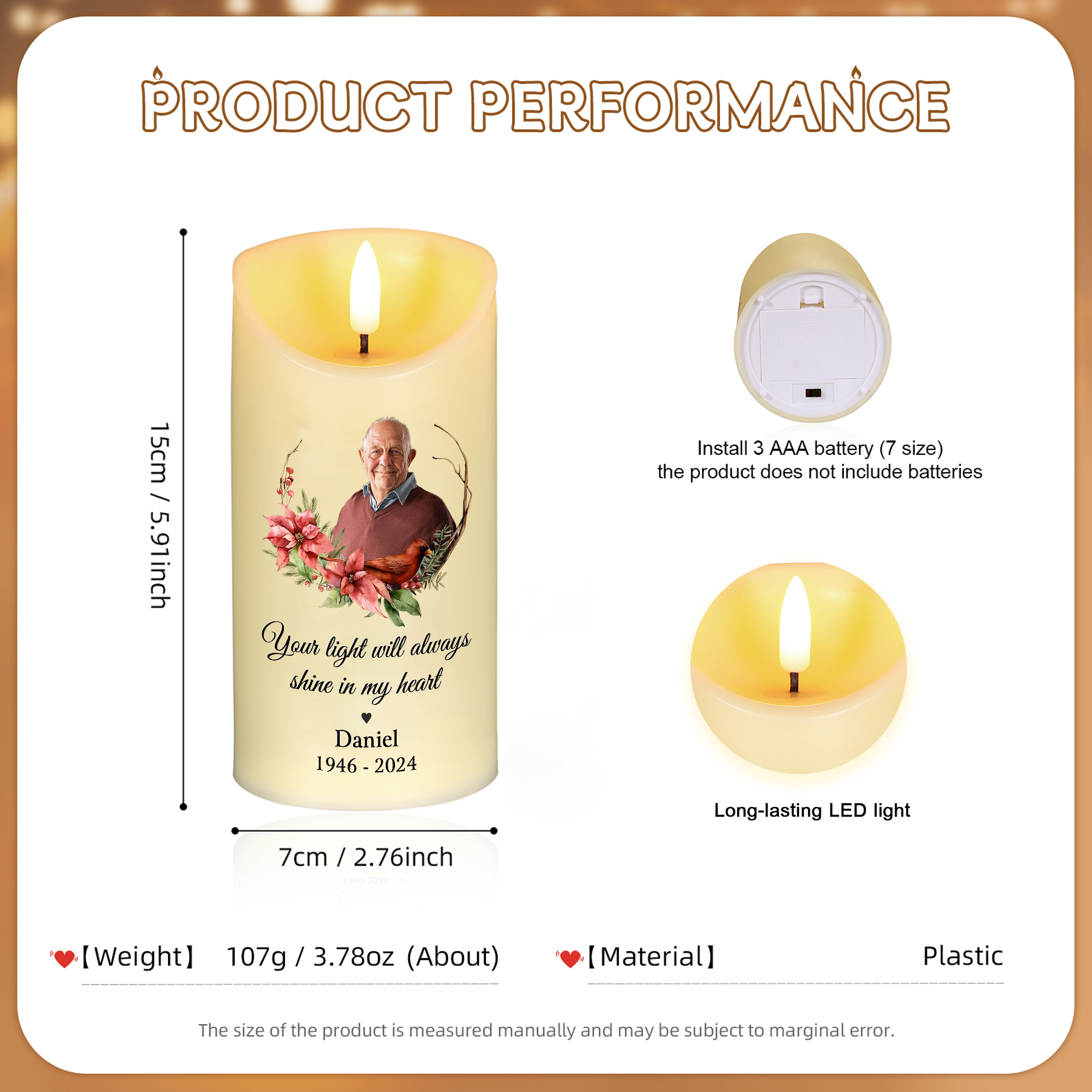 Personalised LED Memorial Candle with Photo Name & Date Tribute Light Remains Forever | Jessemade