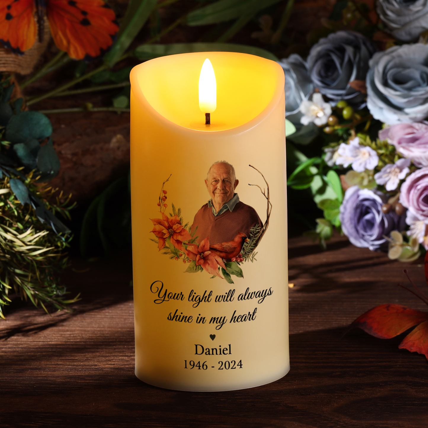 Personalised LED Memorial Candle with Photo Name & Date Tribute Light Remains Forever | Jessemade