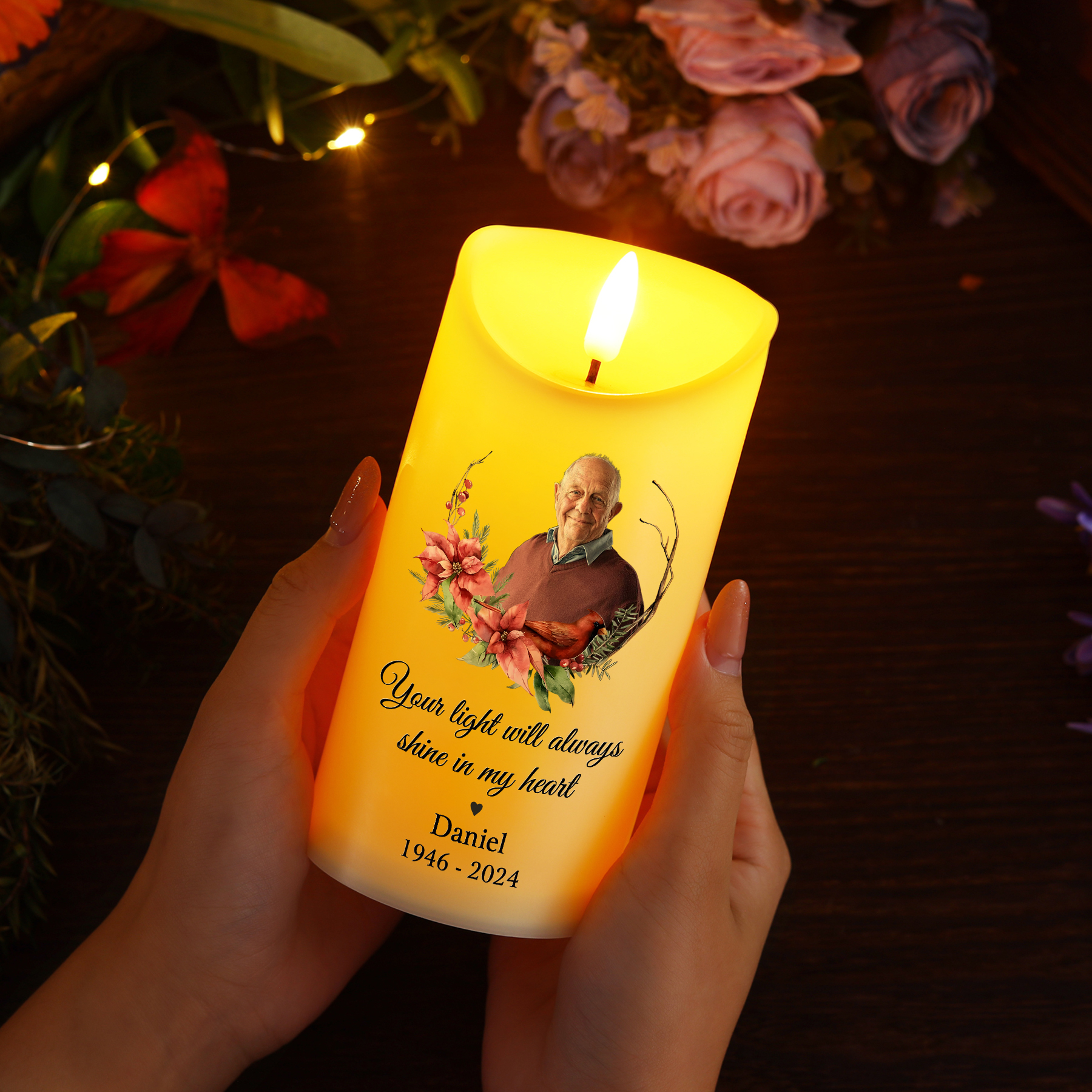 Personalised LED Memorial Candle with Photo Name & Date Tribute Light Remains Forever | Jessemade