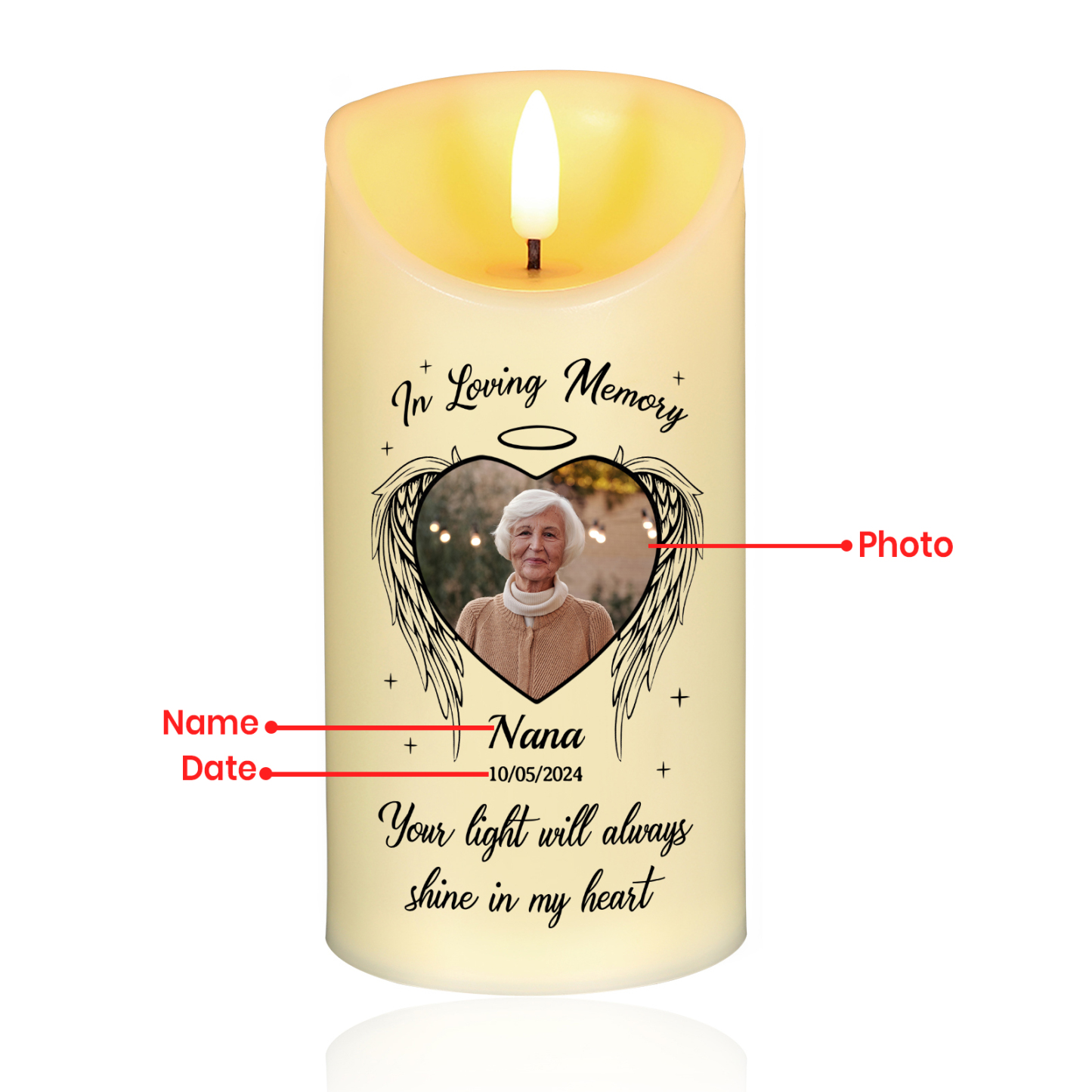 Personalized Memorial LED Angel Wings Candle - Custom Photo, Name, and Date  | Jessemade