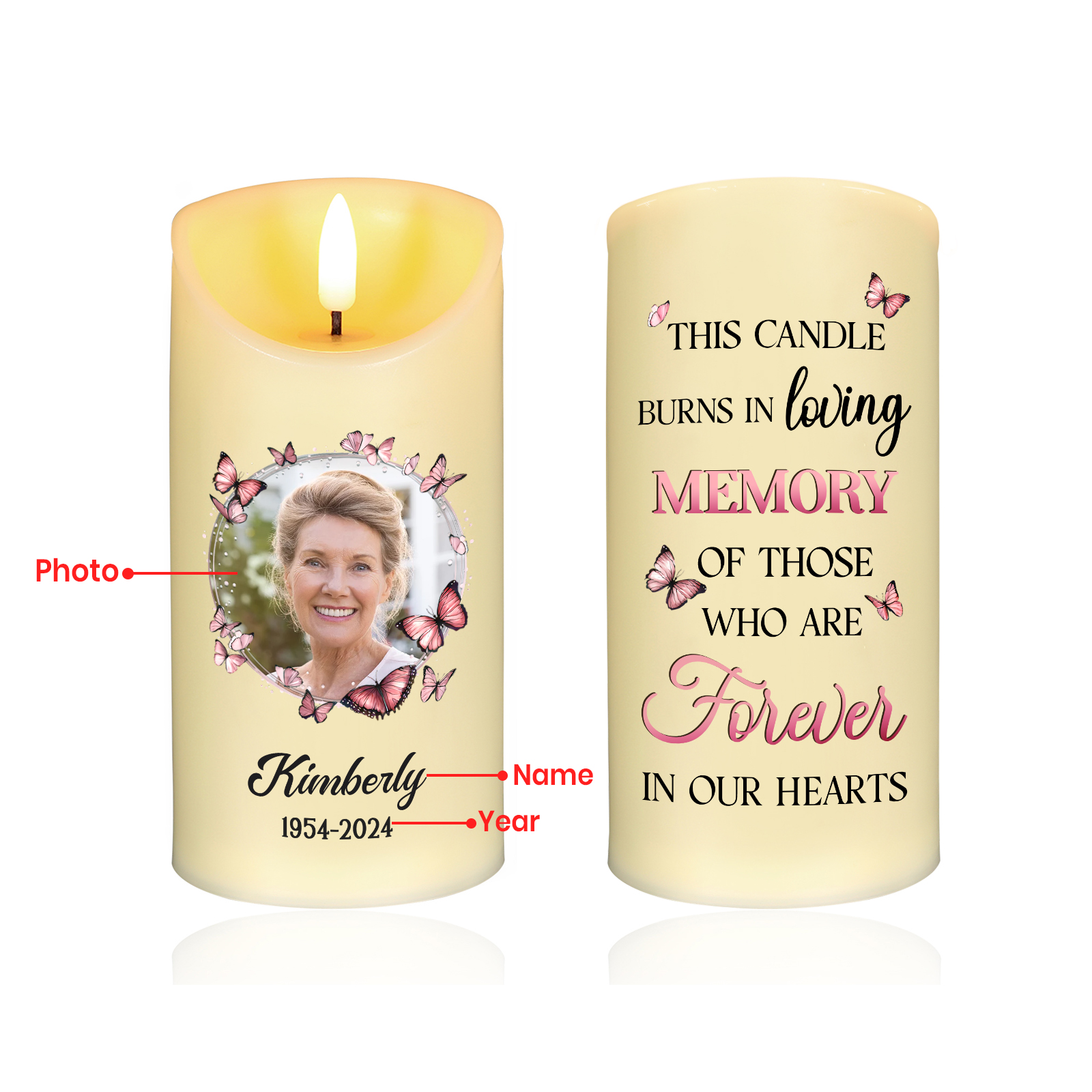 Personalized Memorial LED Candle - Custom Photo, Name, and Date-Forver In Our Heart  | Jessemade