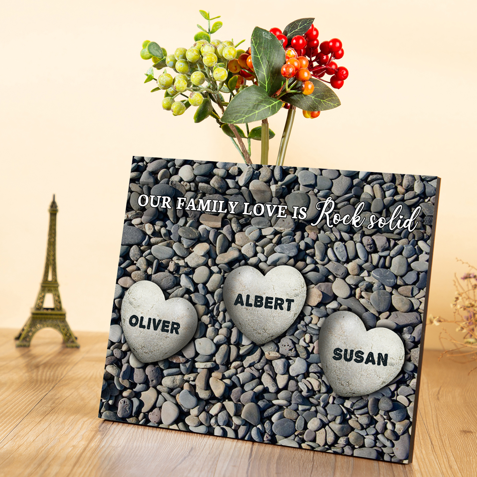 Personalized Wooden Plaque Custom 3 Nmaes Our Family Love is Rock Solid Gift for Mom | Jessemade