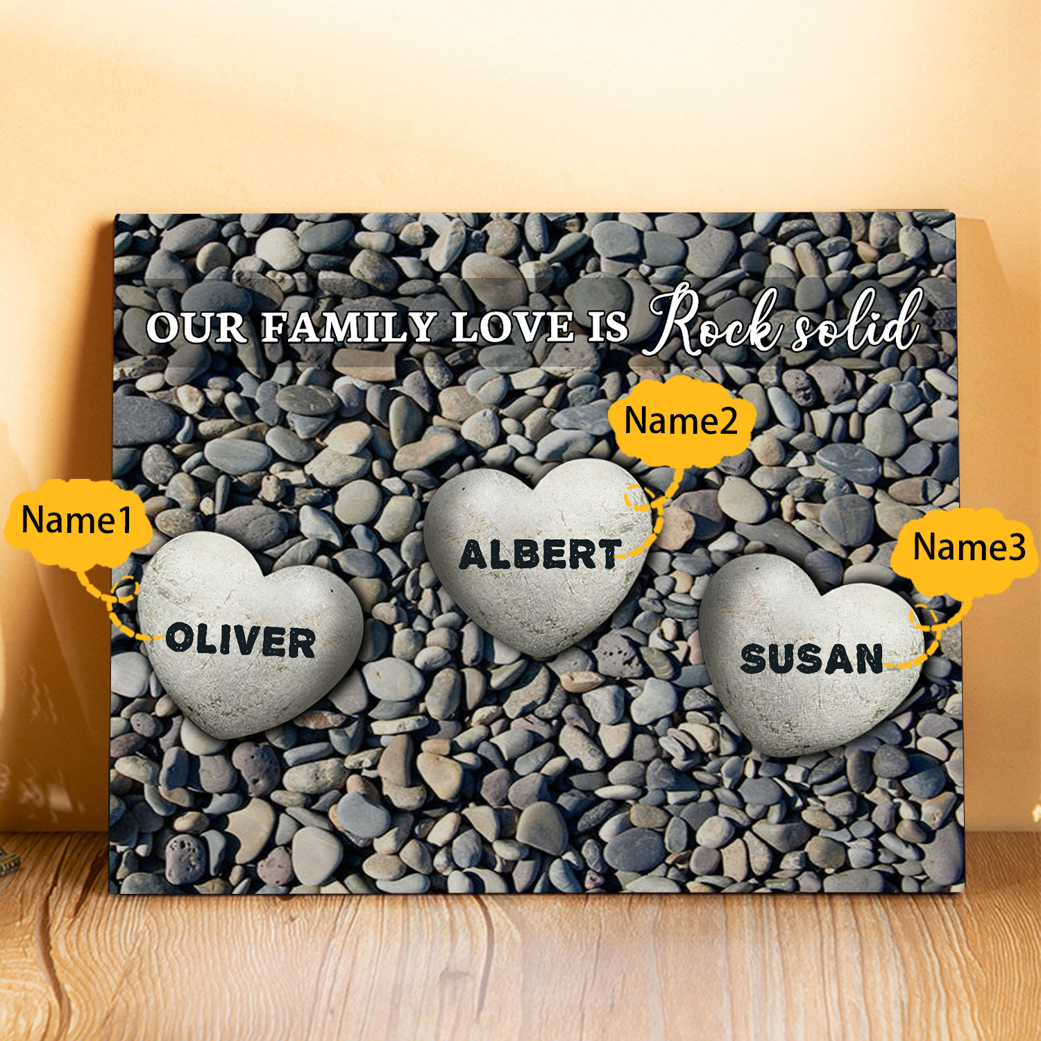 Personalized Wooden Plaque Custom 3 Nmaes Our Family Love is Rock Solid Gift for Mom | Jessemade