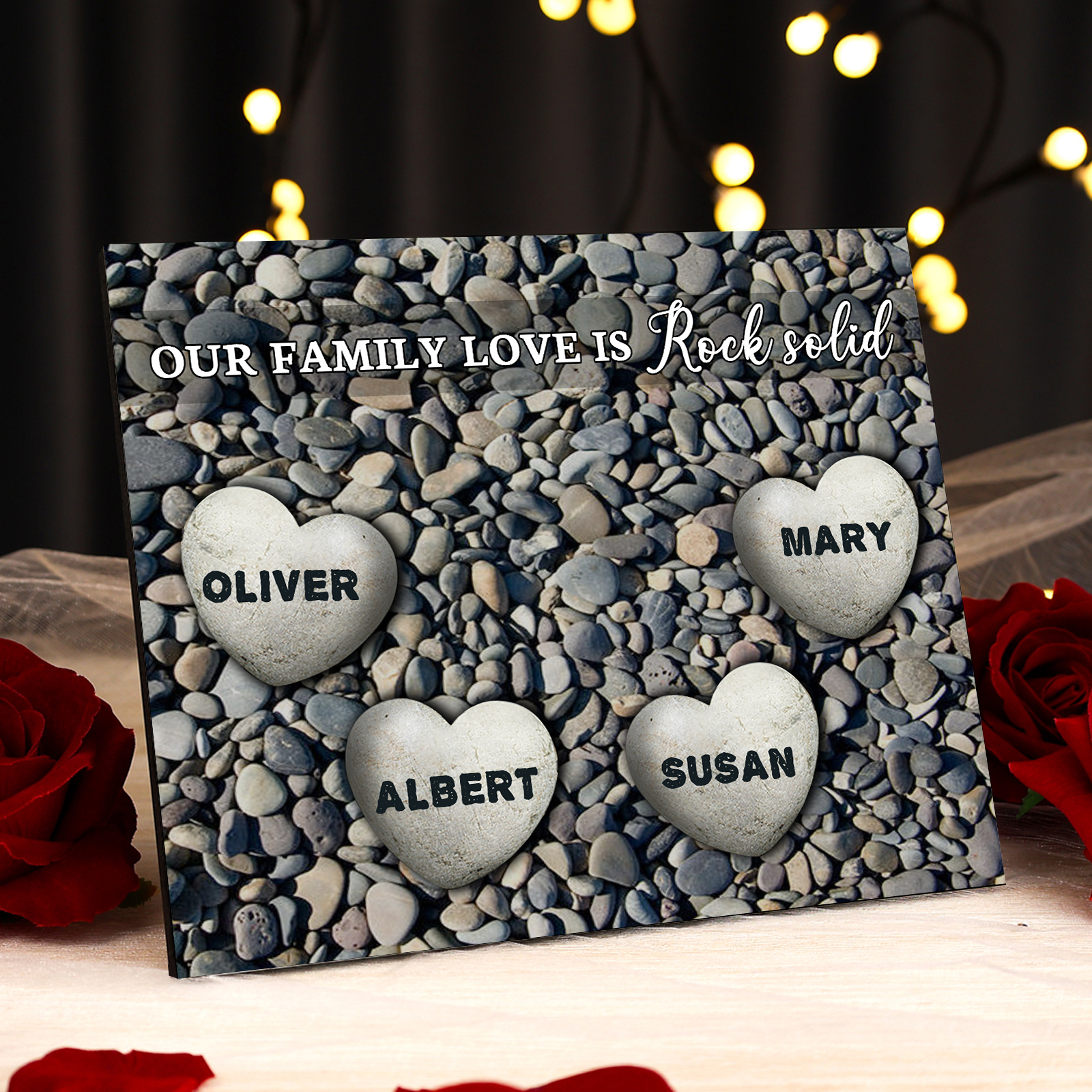 Personalized Wooden Plaque Custom 4 Nmaes Our Family Love is Rock Solid Gift for Mom | Jessemade