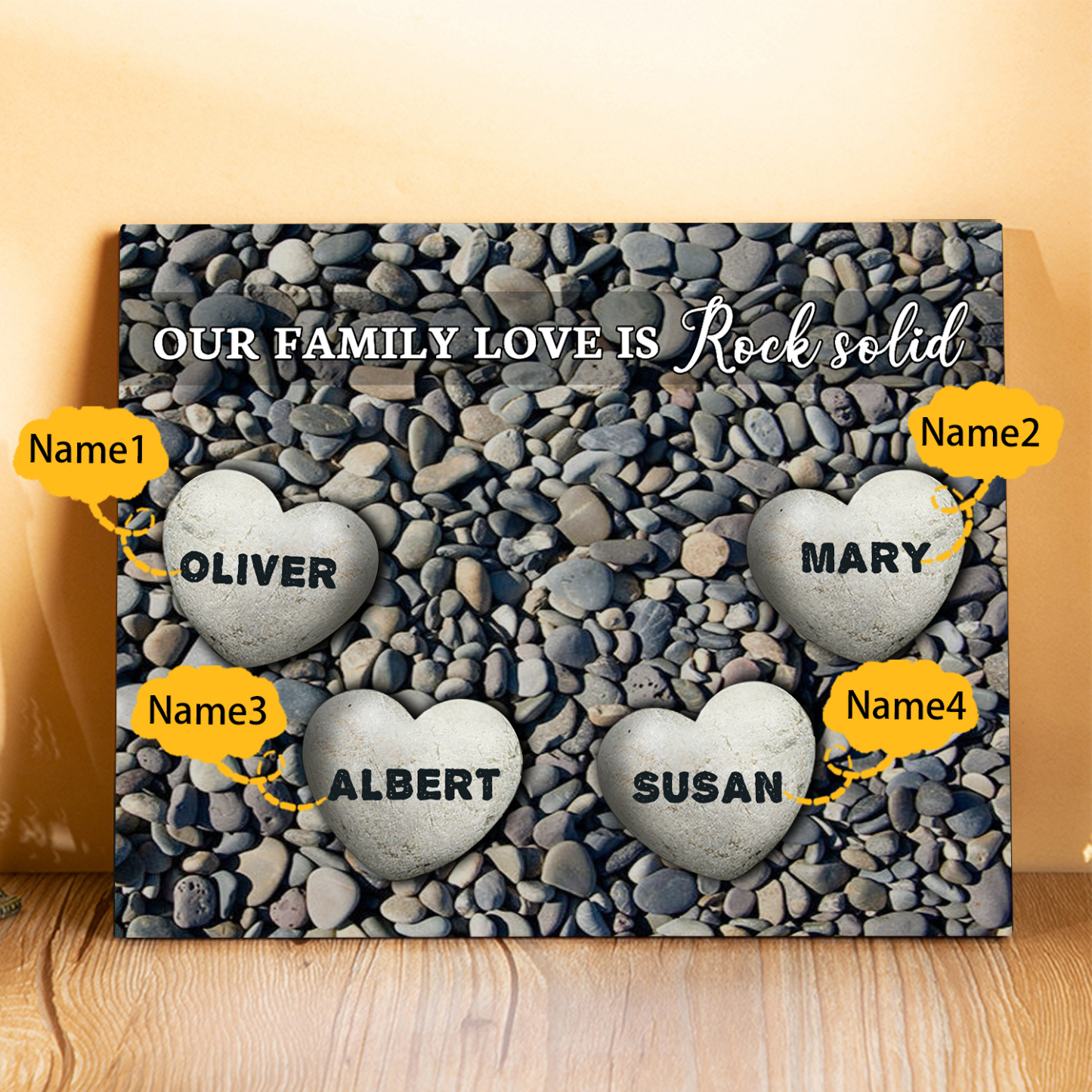 Personalized Wooden Plaque Custom 4 Nmaes Our Family Love is Rock Solid Gift for Mom | Jessemade