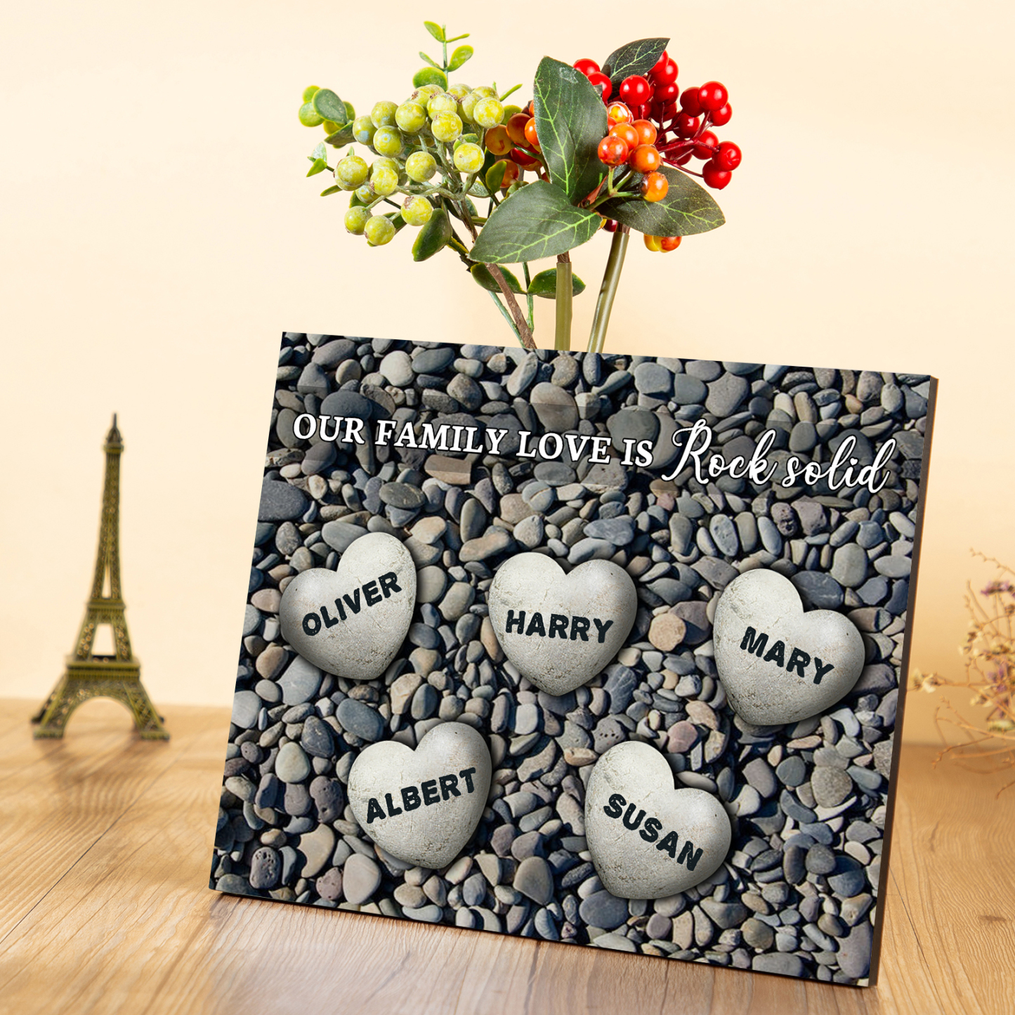 Personalized Wooden Plaque Custom 5 Nmaes Our Family Love is Rock Solid Gift for Mom | Jessemade