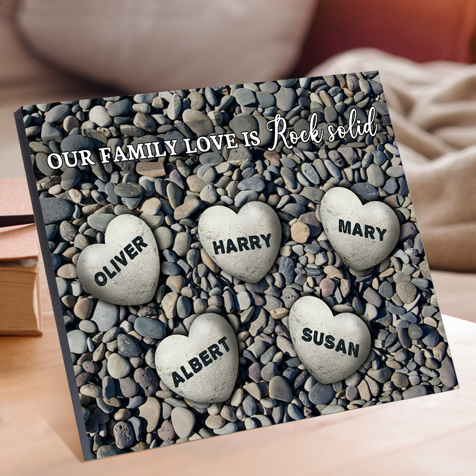 Personalized Wooden Plaque Custom 5 Nmaes Our Family Love is Rock Solid Gift for Mom | Jessemade