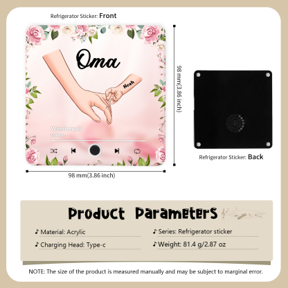 Personalized Hand-in-Hand Music Fridge Magnet Engraved 1 Name & 1 Text– Custom Special Gift For Mom/Nana/Nanny| Jessemade