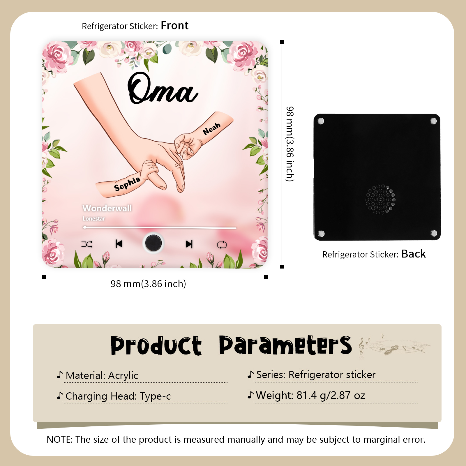 Personalized Hand-in-Hand Music Fridge Magnet Engraved 2 Names & 1 Text– Custom Special Gift For Mom/Nana/Nanny| Jessemade