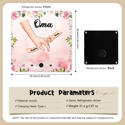 Personalized Hand-in-Hand Music Fridge Magnet Engraved 2 Names & 1 Text– Custom Special Gift For Mom/Nana/Nanny| Jessemade