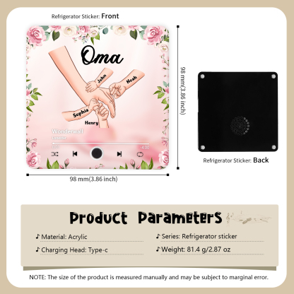 Personalized Hand-in-Hand Music Fridge Magnet Engraved 4 Names & 1 Text– Custom Special Gift For Mom/Nana/Nanny| Jessemade