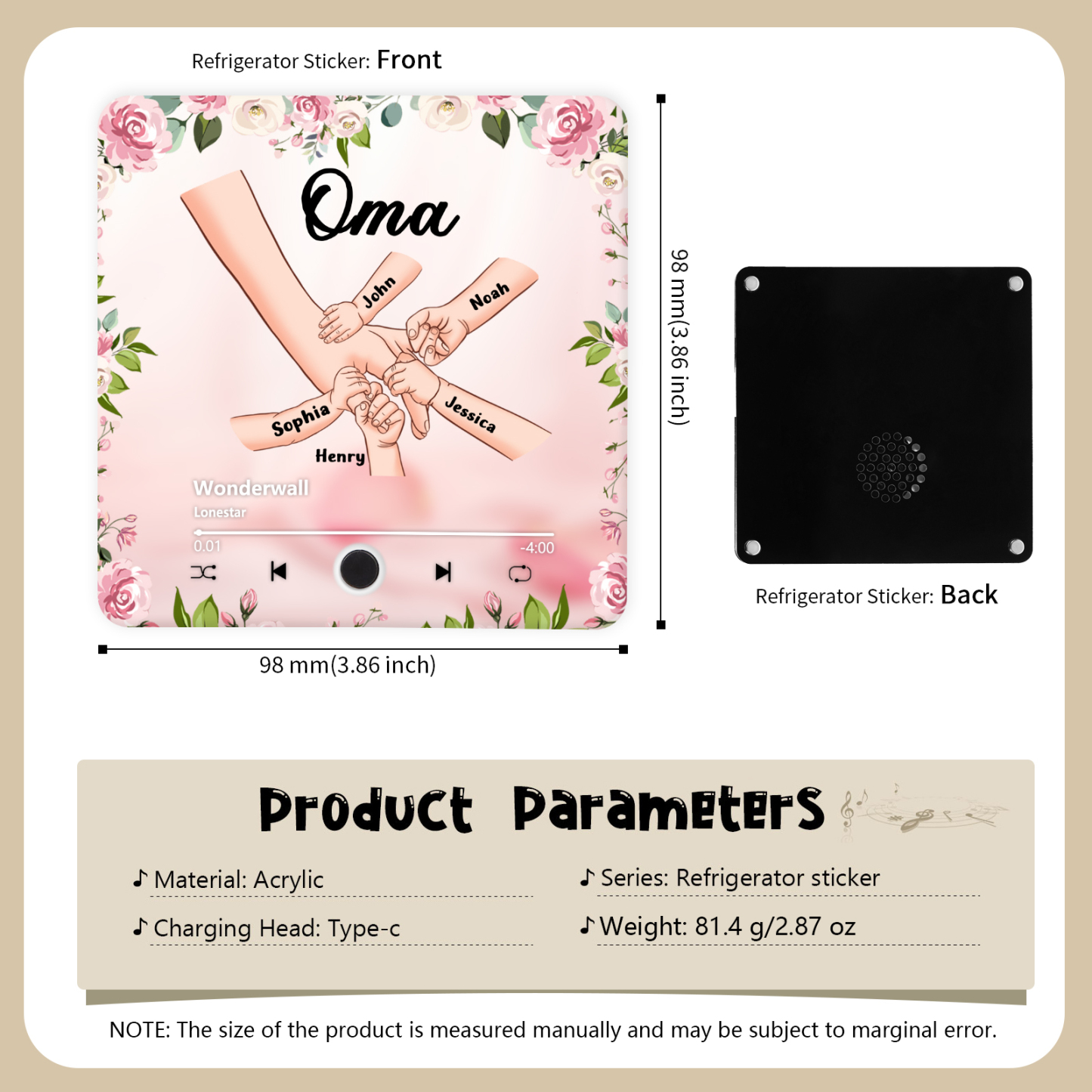 Personalized Hand-in-Hand Music Fridge Magnet Engraved 5 Names & 1 Text– Custom Special Gift For Mom/Nana/Nanny| Jessemade