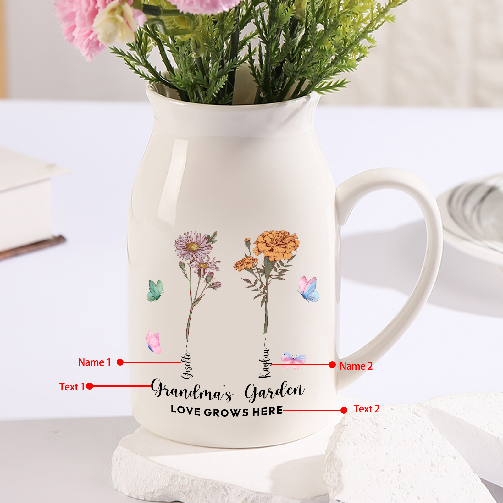 2 Names - Personalized Name "Grandma's Garden" Ceramic Vase as a Gift 