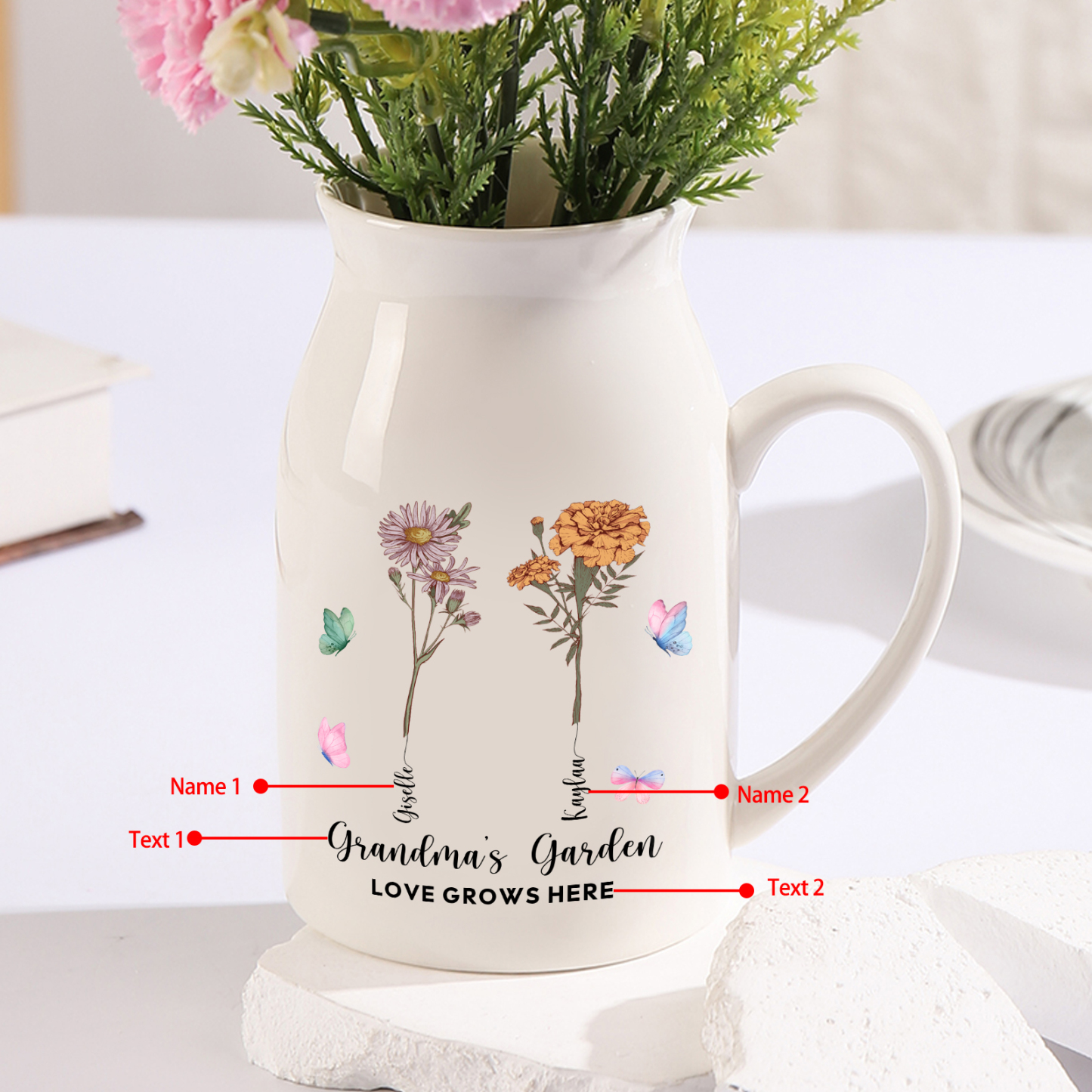 2 Names - Personalized Name "Grandma's Garden" Ceramic Vase as a Gift 