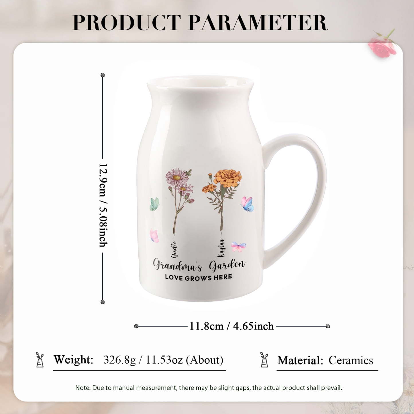 2 Names Personalized Vase with Birthday Flowers – Add 2 Names 2 Texts – Ceramic Custom Gift for Mom, Grandma, Family