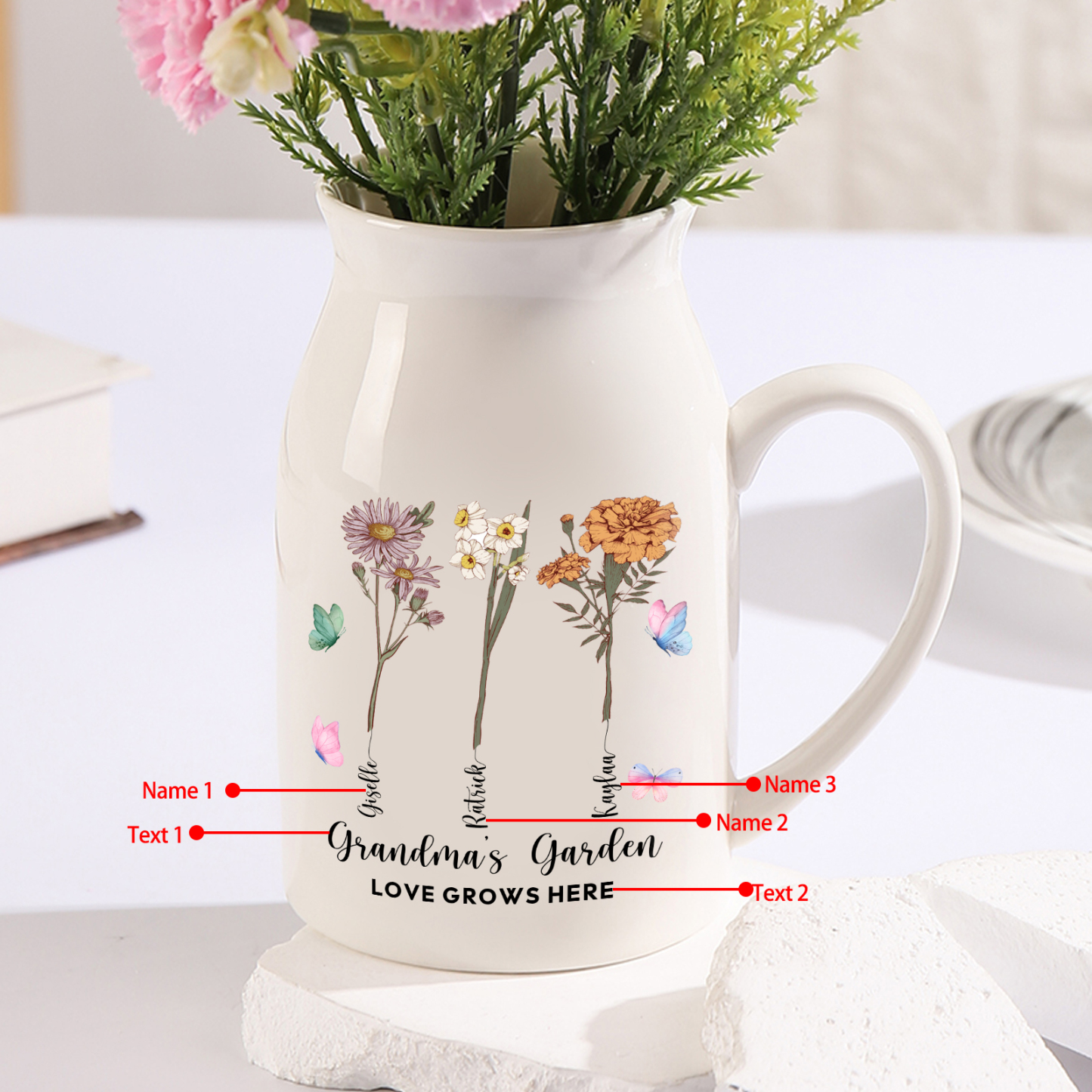 2 Names - Personalized Name "Grandma's Garden" Ceramic Vase as a Gift 