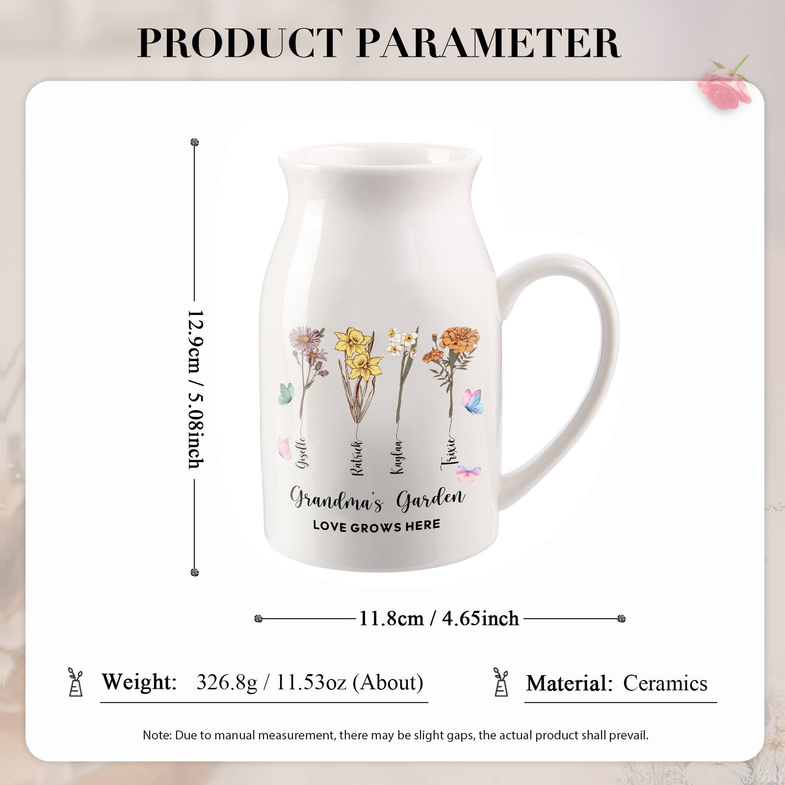 4 Names Personalized Vase with Birthday Flowers – Add 4 Names 2 Texts – Ceramic Custom Gift for Mom, Grandma, Family