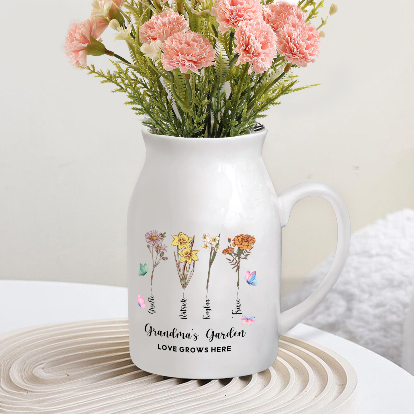 4 Names Personalized Vase with Birthday Flowers – Add 4 Names 2 Texts – Ceramic Custom Gift for Mom, Grandma, Family