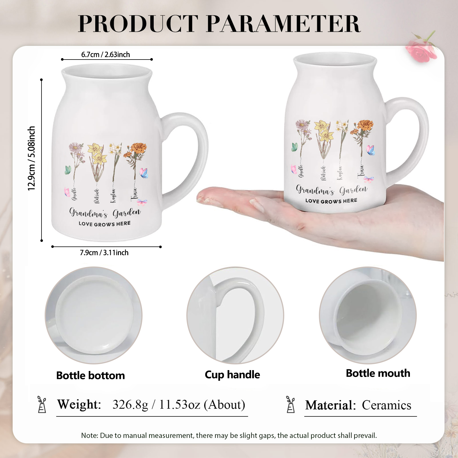 4 Names Personalized Vase with Birthday Flowers – Add 4 Names 2 Texts – Ceramic Custom Gift for Mom, Grandma, Family