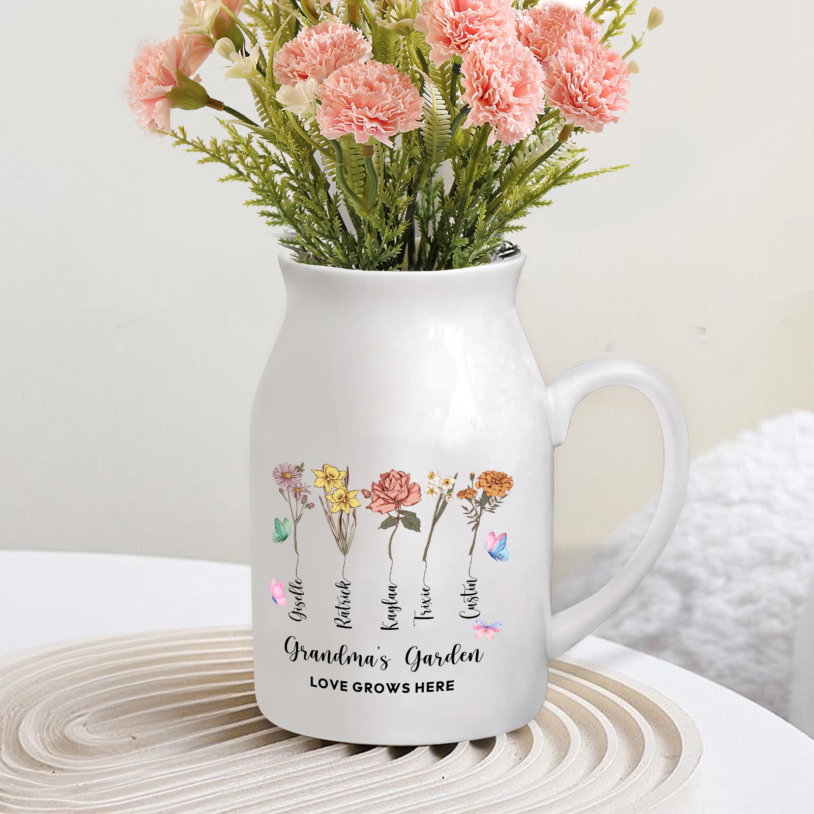 5 Names Personalized Vase with Birthday Flowers – Add 5 Names 2 Texts – Ceramic Custom Gift for Mom, Grandma, Family