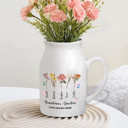 5 Names Personalized Vase with Birthday Flowers – Add 5 Names 2 Texts – Ceramic Custom Gift for Mom, Grandma, Family