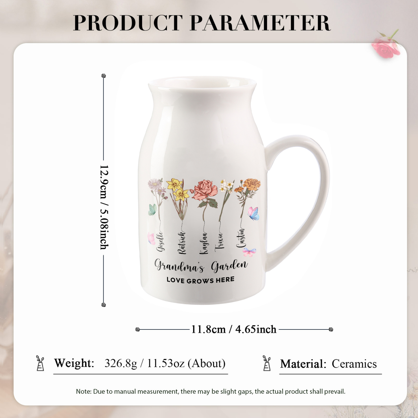 5 Names Personalized Vase with Birthday Flowers – Add 5 Names 2 Texts – Ceramic Custom Gift for Mom, Grandma, Family