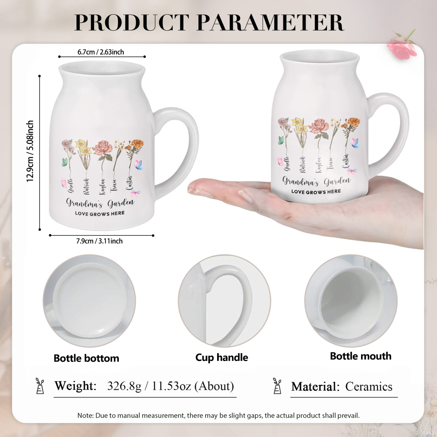 5 Names Personalized Vase with Birthday Flowers – Add 5 Names 2 Texts – Ceramic Custom Gift for Mom, Grandma, Family