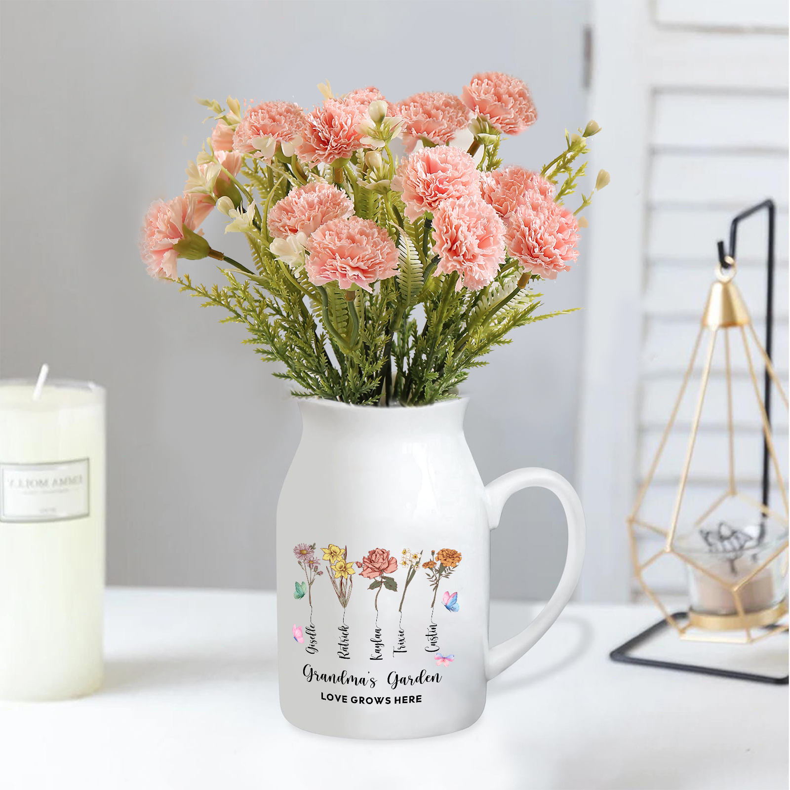 5 Names Personalized Vase with Birthday Flowers – Add 5 Names 2 Texts – Ceramic Custom Gift for Mom, Grandma, Family