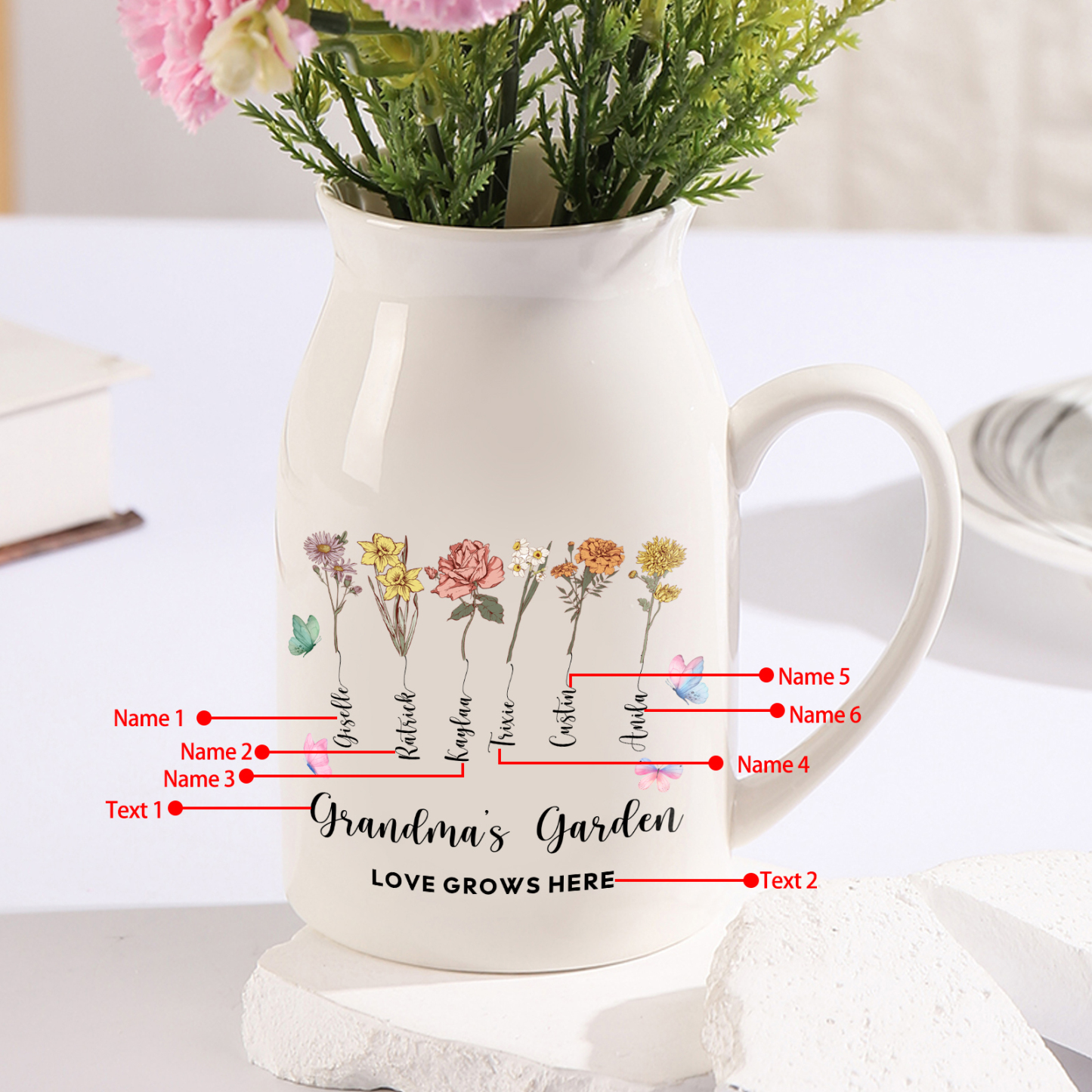 3 Names Personalized Vase with Birthday Flowers – Add 3 Names 2 Texts 