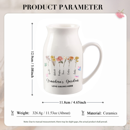 6 Names Personalized Vase with Birthday Flowers – Add 6 Names 2 Texts – Ceramic Custom Gift for Mom, Grandma, Family