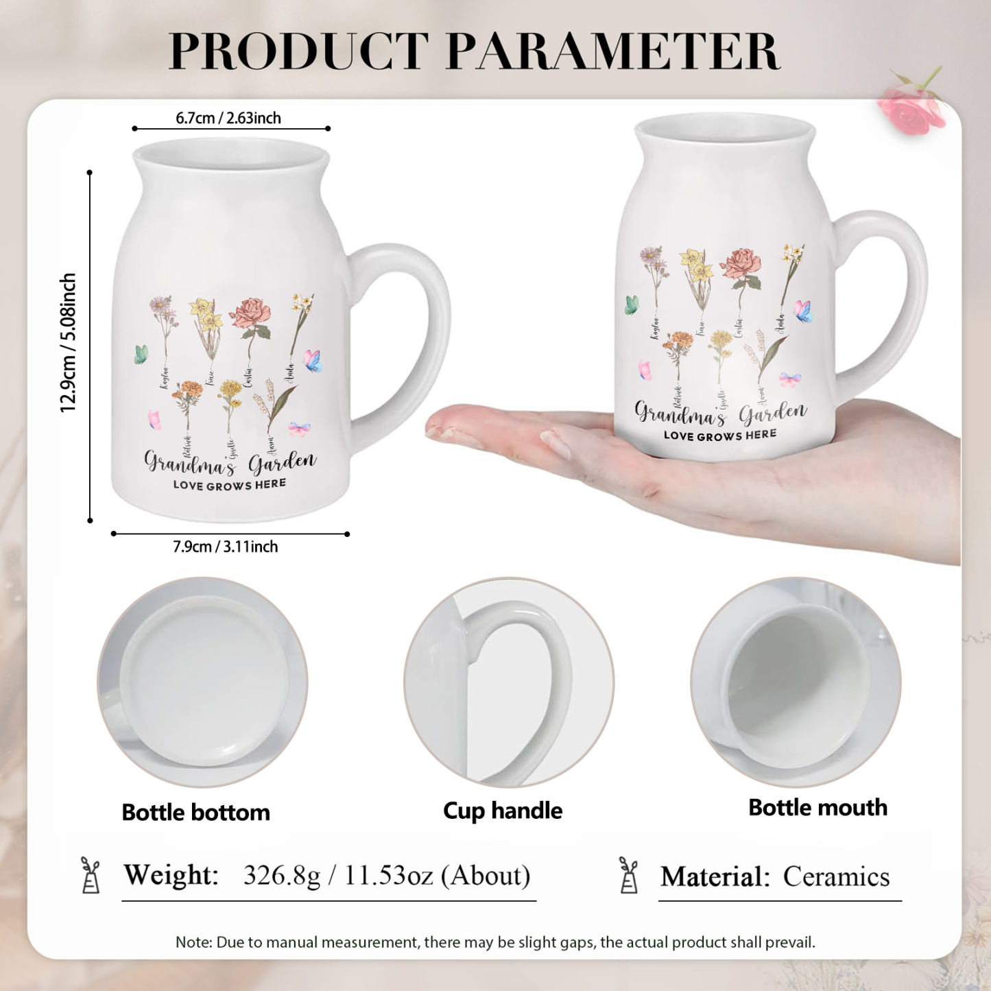 7 Names Personalized Vase with Birthday Flowers – Add 7 Names 2 Texts – Ceramic Custom Gift for Mom, Grandma, Family