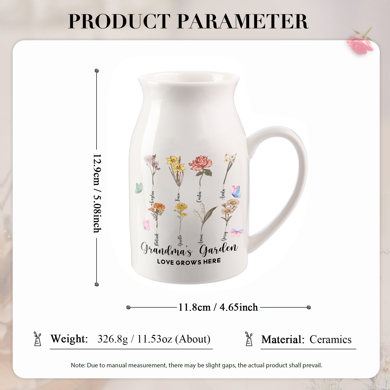 8 Names Personalized Vase with Birthday Flowers – Add 8 Names 2 Texts – Ceramic Custom Gift for Mom, Grandma, Family