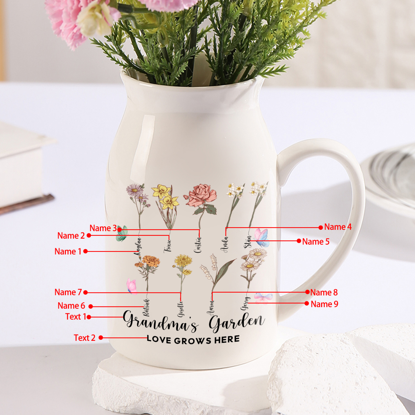 3 Names Personalized Vase with Birthday Flowers – Add 3 Names 2 Texts 