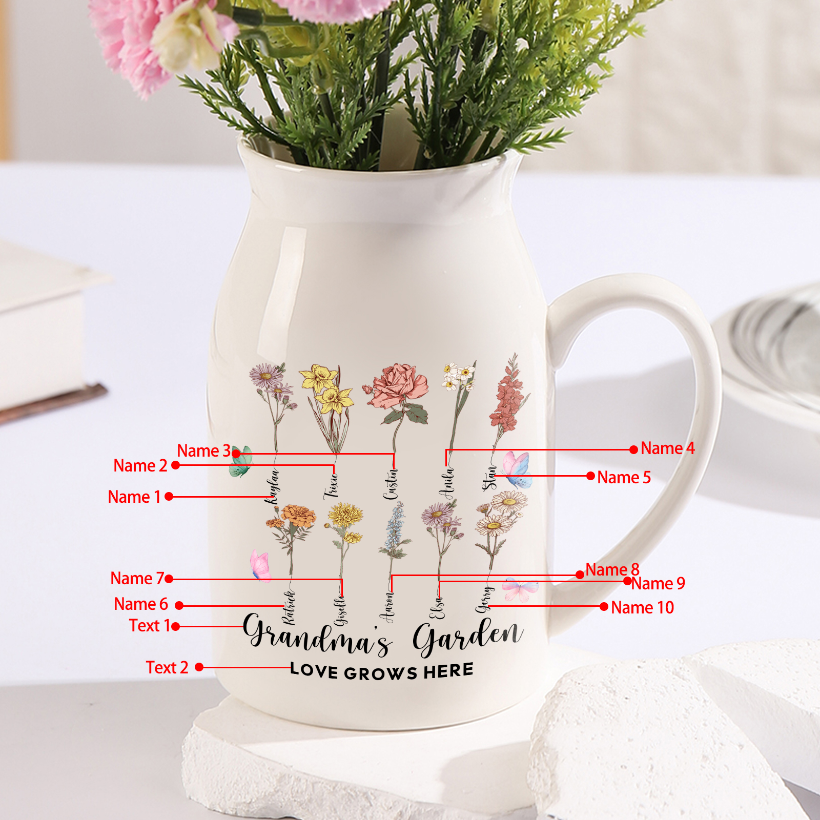 3 Names Personalized Vase with Birthday Flowers – Add 3 Names 2 Texts 