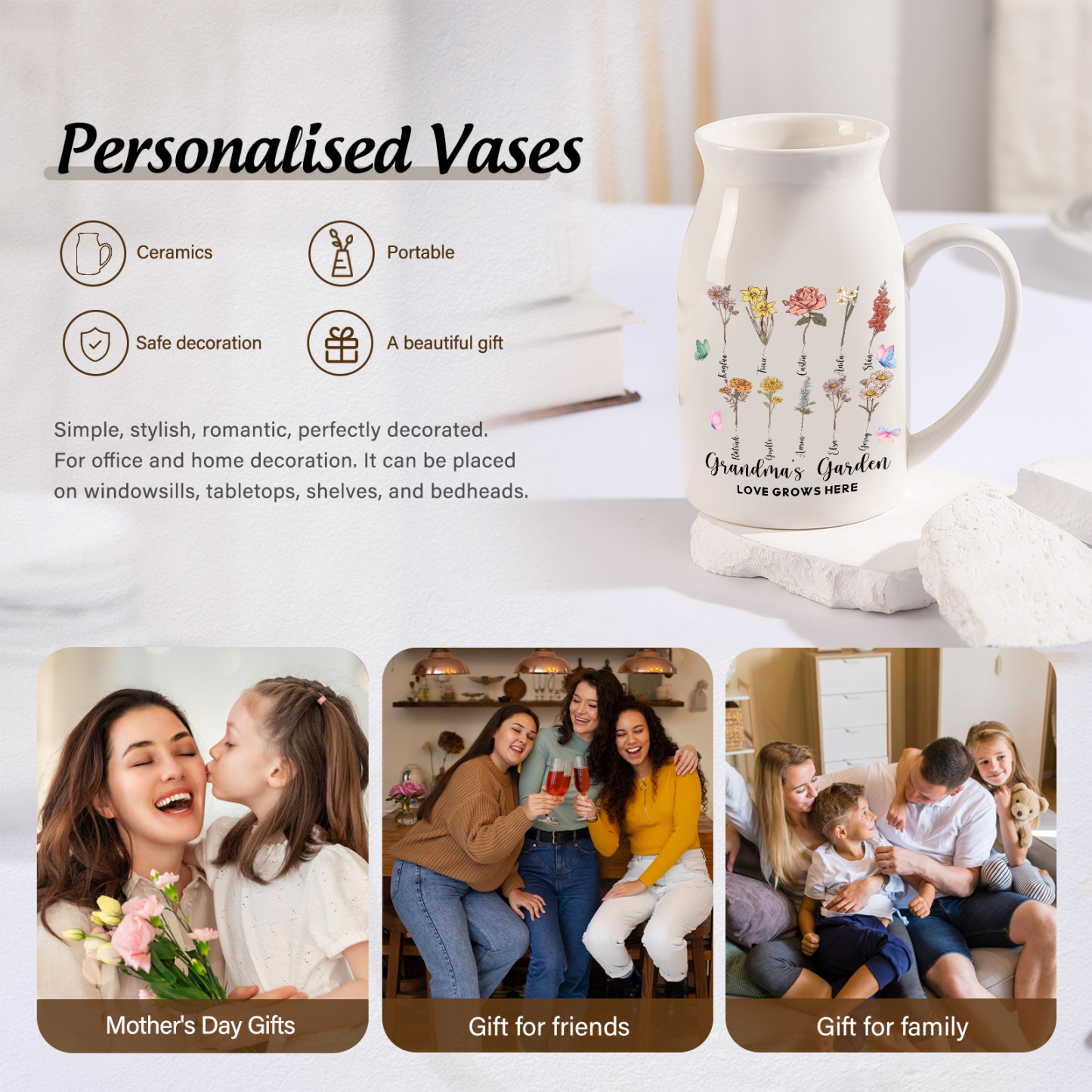 10 Names Personalized Vase with Birthday Flowers – Add 10 Names 2 Texts – Ceramic Custom Gift for Mom, Grandma, Family