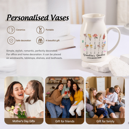 10 Names Personalized Vase with Birthday Flowers – Add 10 Names 2 Texts – Ceramic Custom Gift for Mom, Grandma, Family