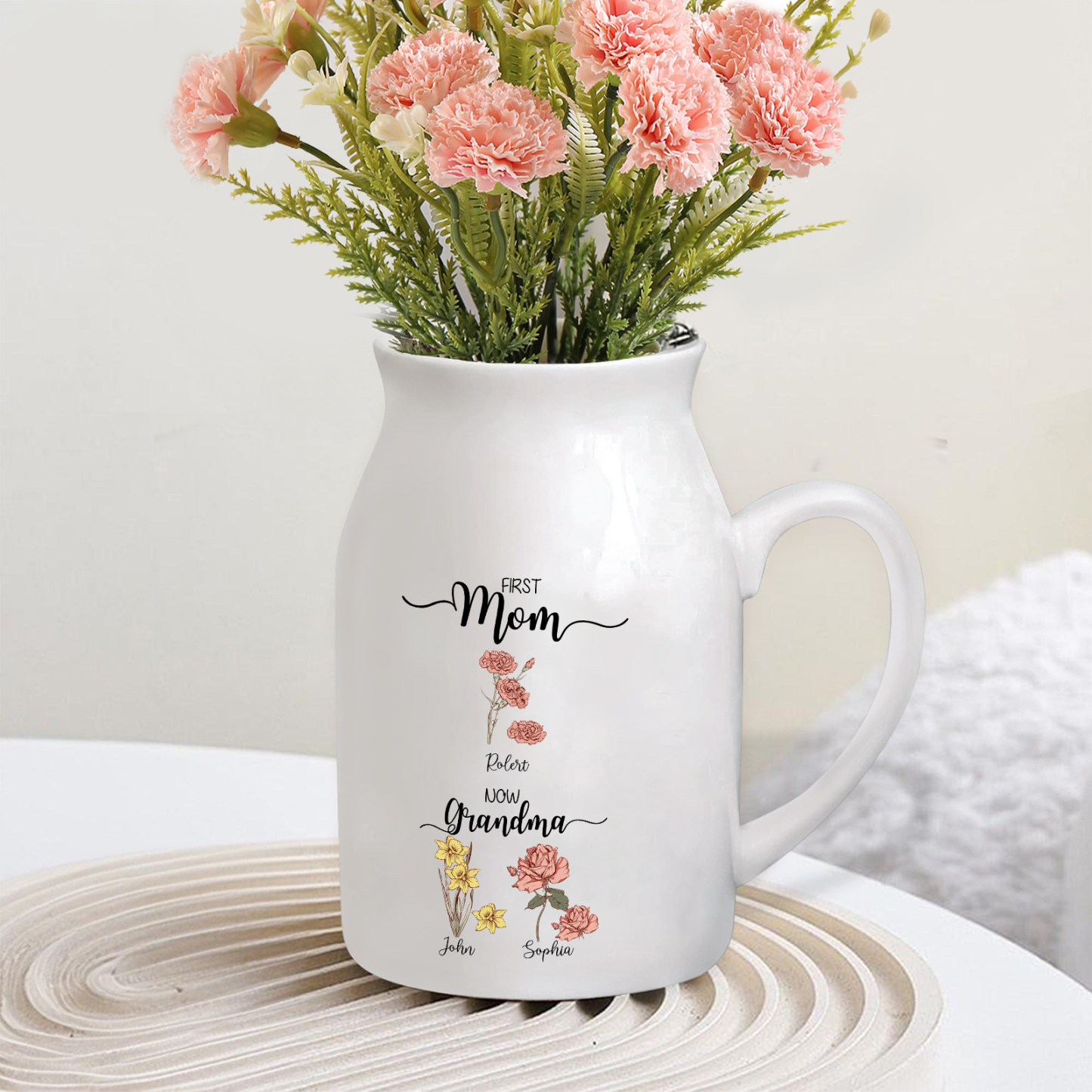 3 Names Personalized Vase with Birthday Flowers – Add 3 Names 2 Texts – Ceramic Custom Gift for Mom, Grandma, Family