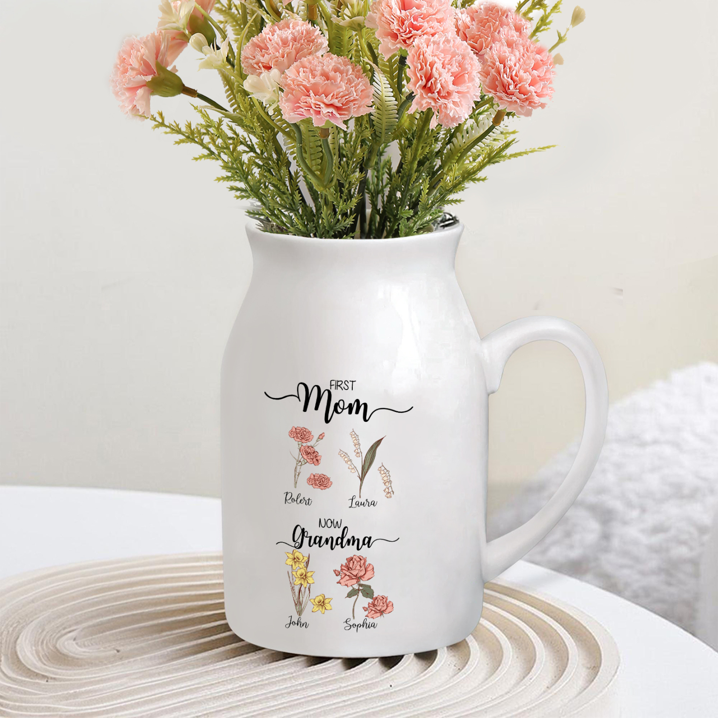 4 Names Personalized Vase with Birthday Flowers – Add 4 Names 2 Texts – Ceramic Custom Gift for Mom, Grandma, Family