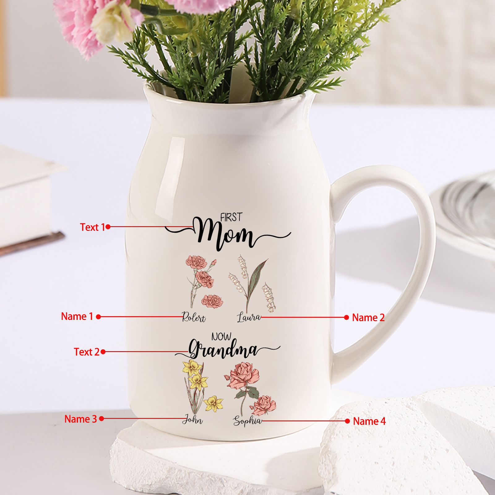 4 Names Personalized Vase with Birthday Flowers – Add 4 Names 2 Texts – Ceramic Custom Gift for Mom, Grandma, Family