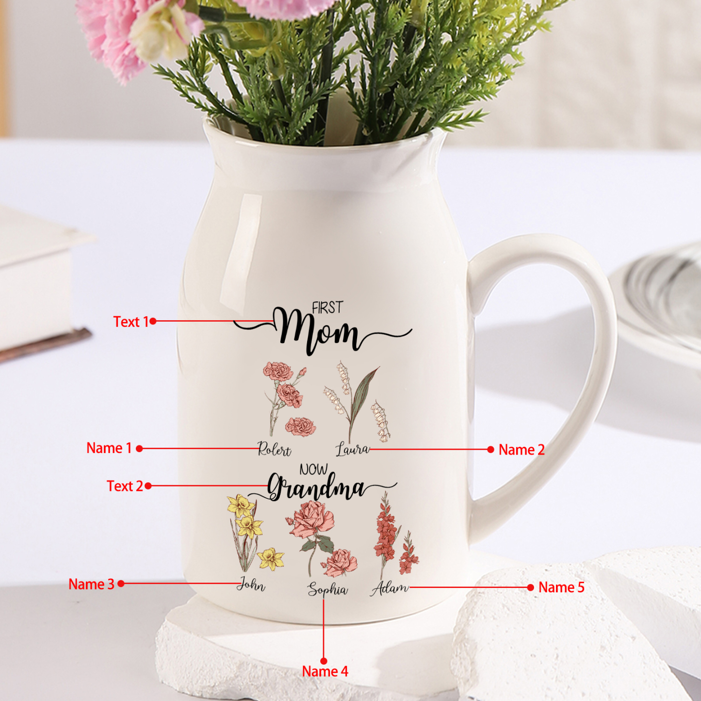 5 Names Personalized Vase with Birthday Flowers – Add 5 Names 2 Texts – Ceramic Custom Gift for Mom, Grandma, Family