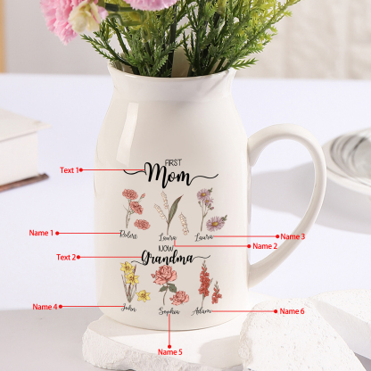 6 Names Personalized Vase with Birthday Flowers – Add 6 Names 2 Texts – Ceramic Custom Gift for Mom, Grandma, Family