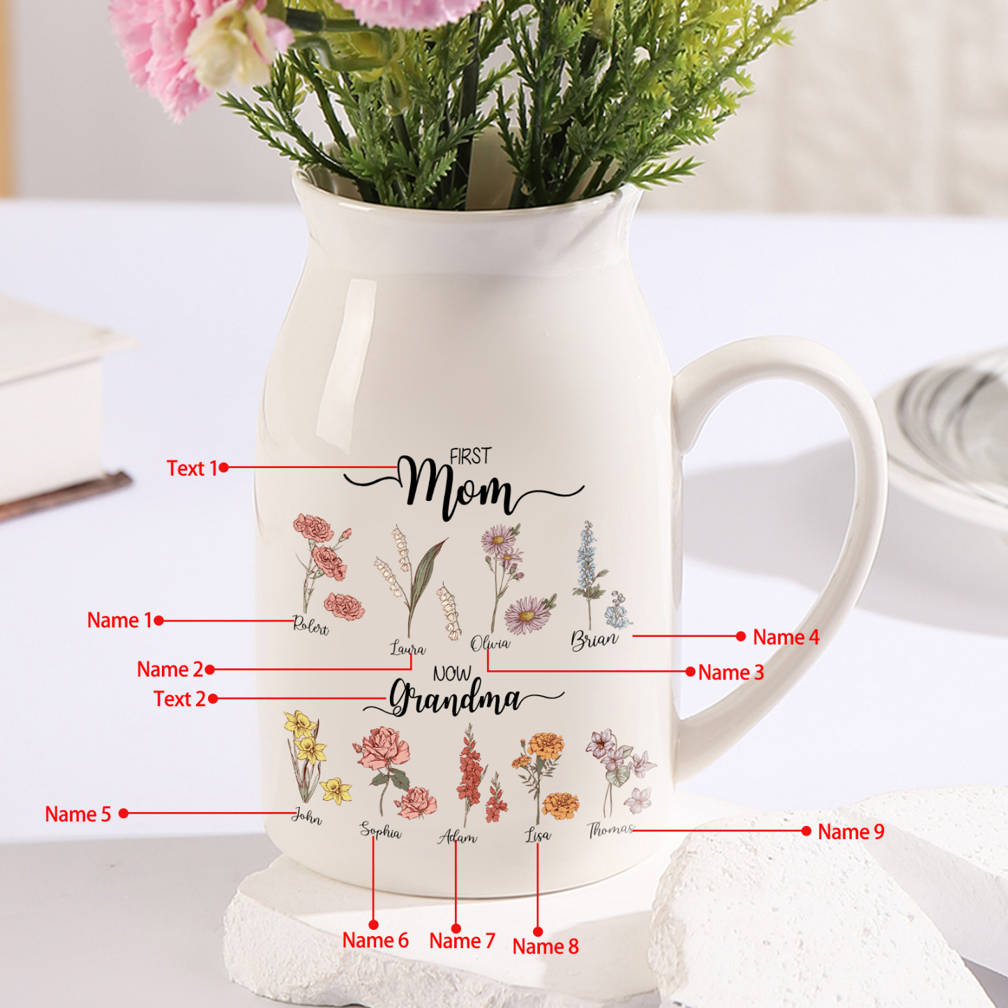 9 Names Personalized Vase with Birthday Flowers – Add 9 Names 2 Texts – Ceramic Custom Gift for Mom, Grandma, Family