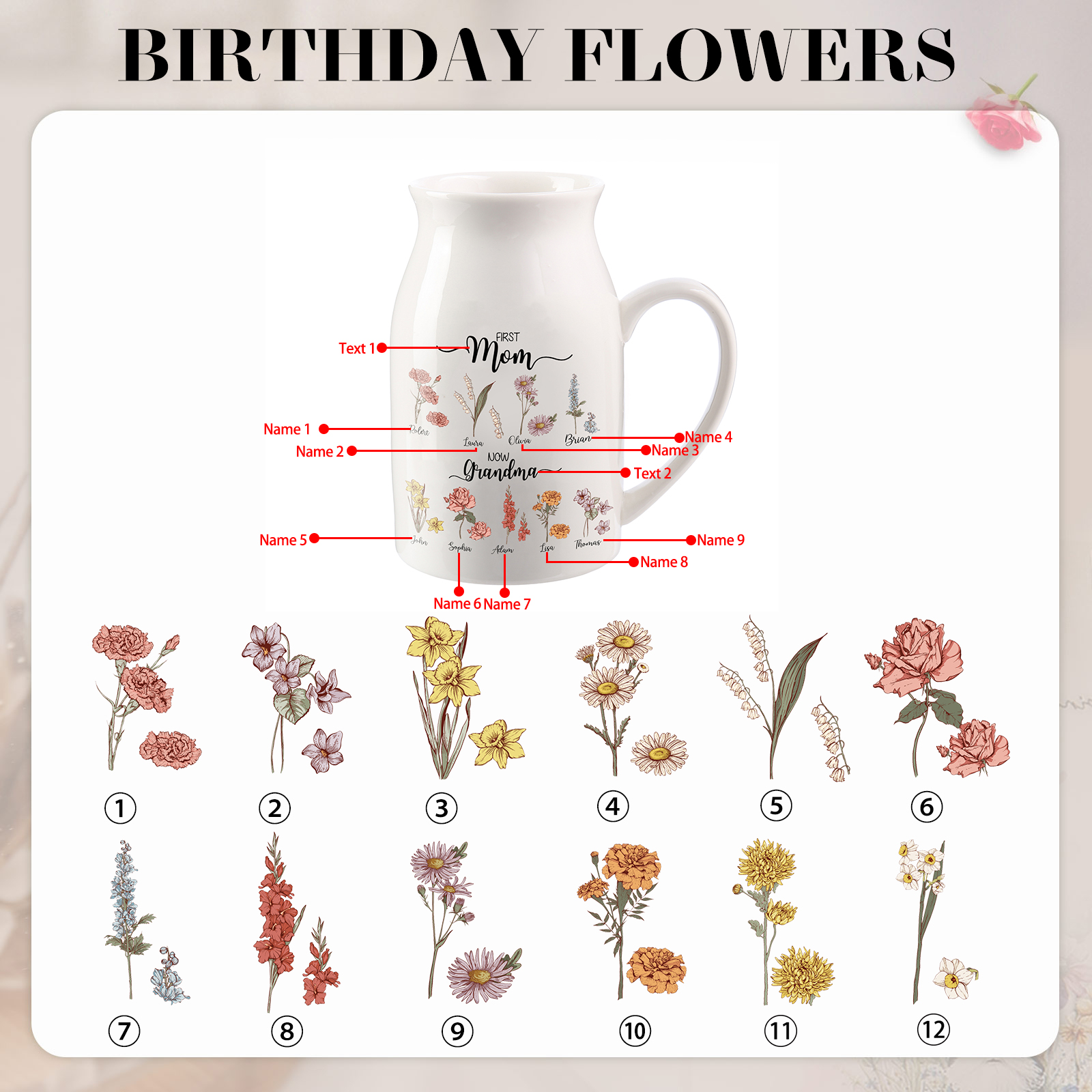 9 Names Personalized Vase with Birthday Flowers – Add 9 Names 2 Texts – Ceramic Custom Gift for Mom, Grandma, Family