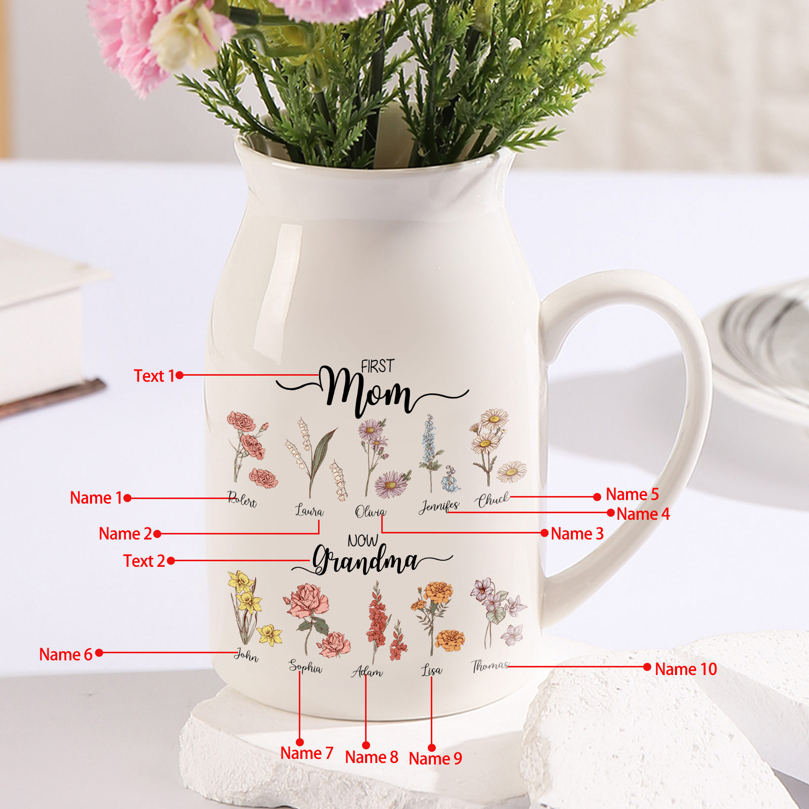 10 Names Personalized Vase with Birthday Flowers – Add 10 Names 2 Texts – Ceramic Custom Gift for Mom, Grandma, Family