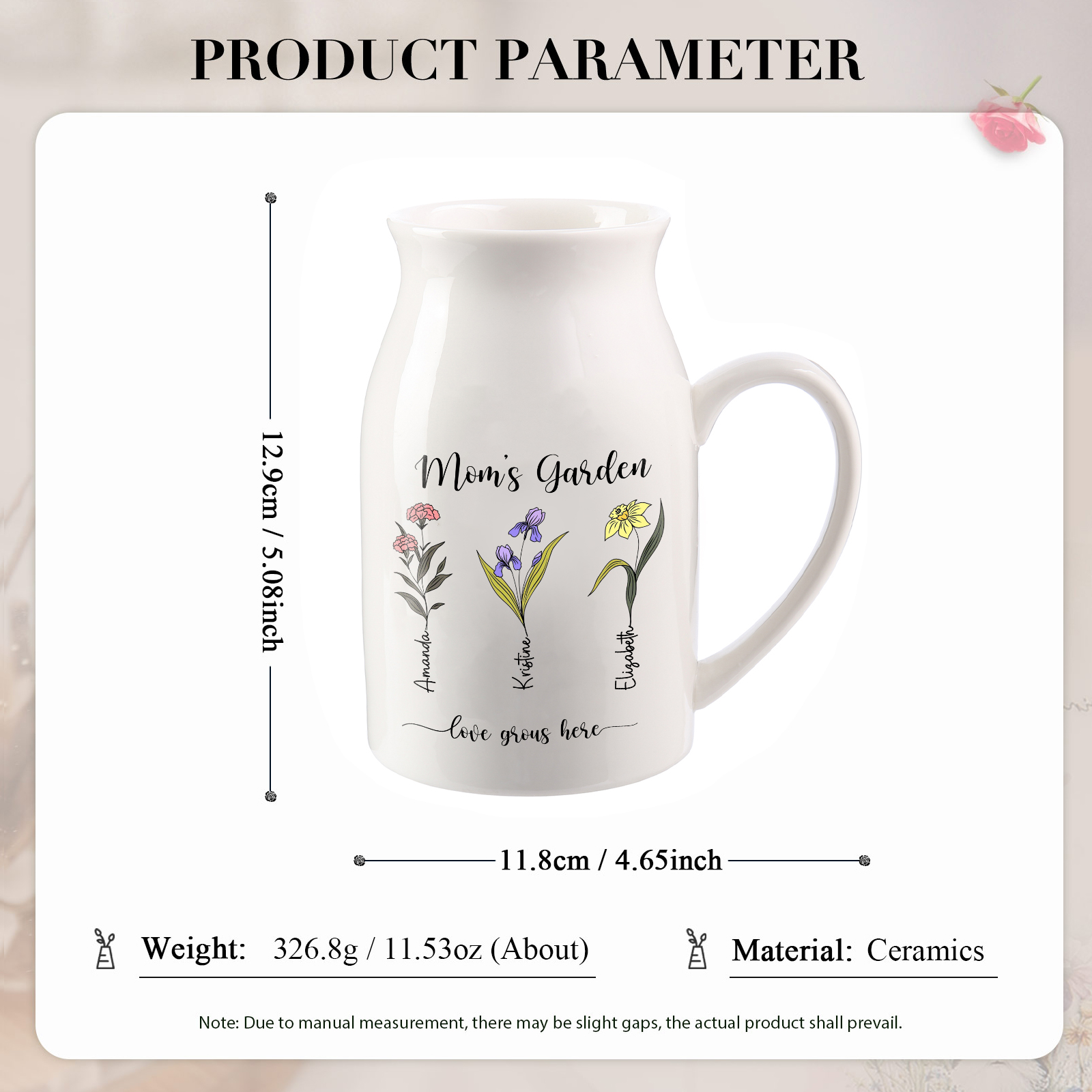 3 Names Personalized Vase with Birthday Flowers – Add 3 Names 2 Texts – Ceramic Custom Gift for Mom, Grandma, Family