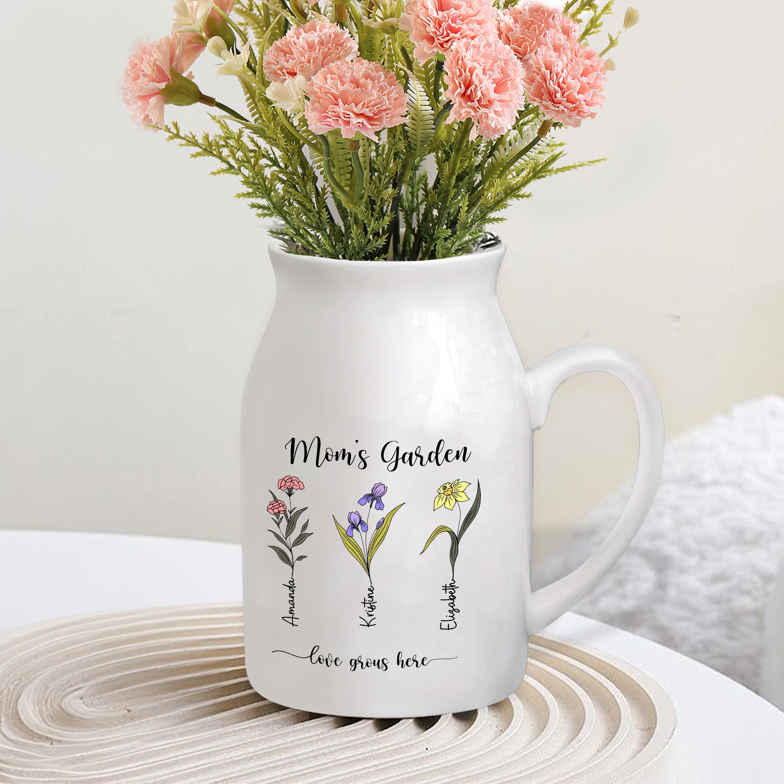 3 Names Personalized Vase with Birthday Flowers – Add 3 Names 2 Texts – Ceramic Custom Gift for Mom, Grandma, Family